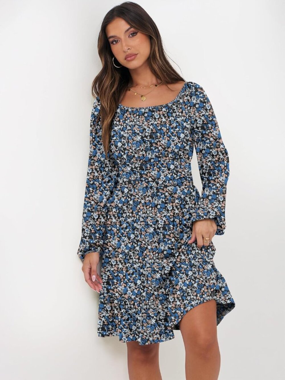 Women's Blue And White Long Lantern Sleeve Ruffle Flowy Swing A-Line Short Dress - Picture 4 of 6